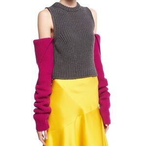 Calvin Klein Charcoal Gray Cropped Sleeveless Sweater with Magenta Arm Warmers